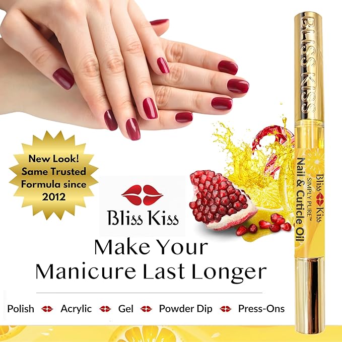 Bliss Kiss | Crisp Fragrance 4 Nail Oil Cuticle Pens w/Vitamin E & Jojoba⏤Nail Strengthener Nail Growth Treatment for Brittle Peeling Breaking Thin Nails