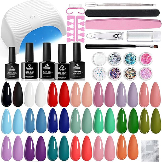 Beetles Gel Nail Polish Kit with U V Light: 34pcs Gel Polish Set Popular 20 Colors with Base Matte & Glossy Top Coat, Medium Coffin Press on Nails Accessories DIY Salon Gifts for Women Teen Girls
