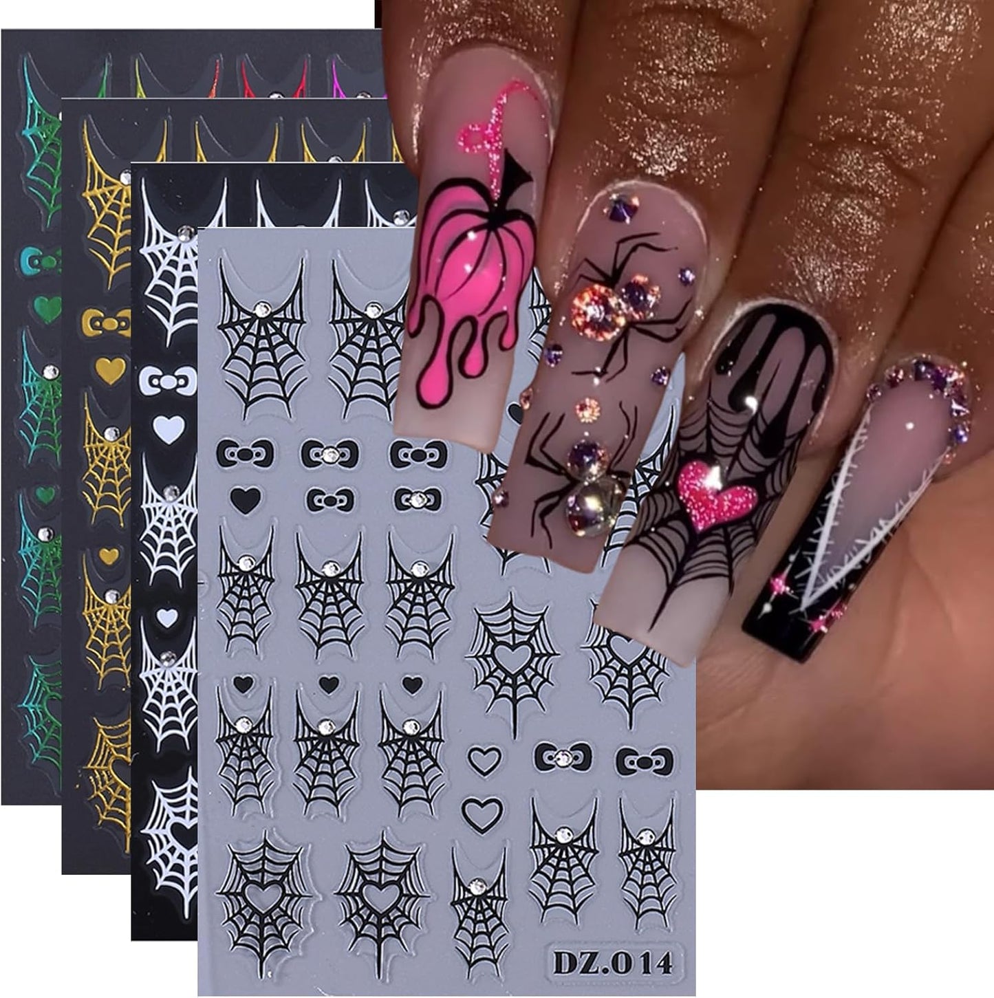 4 Sheets Halloween Spider Web Nail Art Stickers 5D Embossed Halloween Nail Decals with Rhinestone Colorful Spider Web Spider Bow Love Heart Nail Design Adhesive Stickers for Women Decorations Supplies