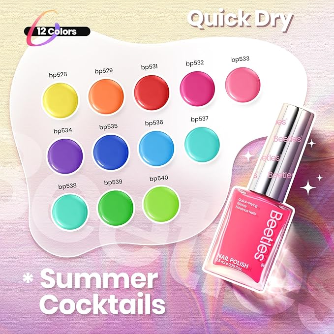 Beetles Neon Nail Polish Set - Quick Dry Nail Polish Kit 12 Colors Hot Pink Green Blue Yellow Red Regular Air Dry Fingernail Polish Pack for Women Gift Beetles Cocktails 12 Colors