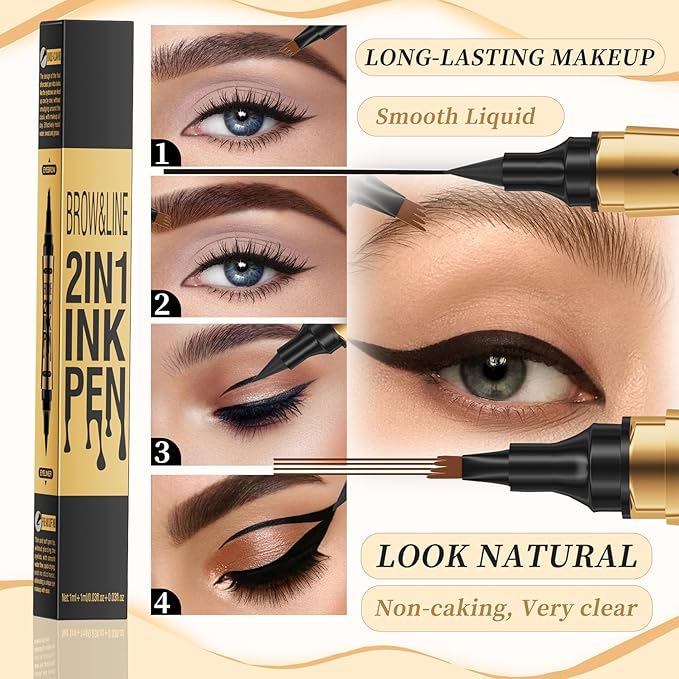 3D Four-Tip Eyebrow Pen & Eyeliner Duo - Waterproof, Long-Lasting, Smudge-Proof, Easy to Use for Perfect Brows and Defined Eyes - Gray Eyebrow Pencil & Black Eyeliner