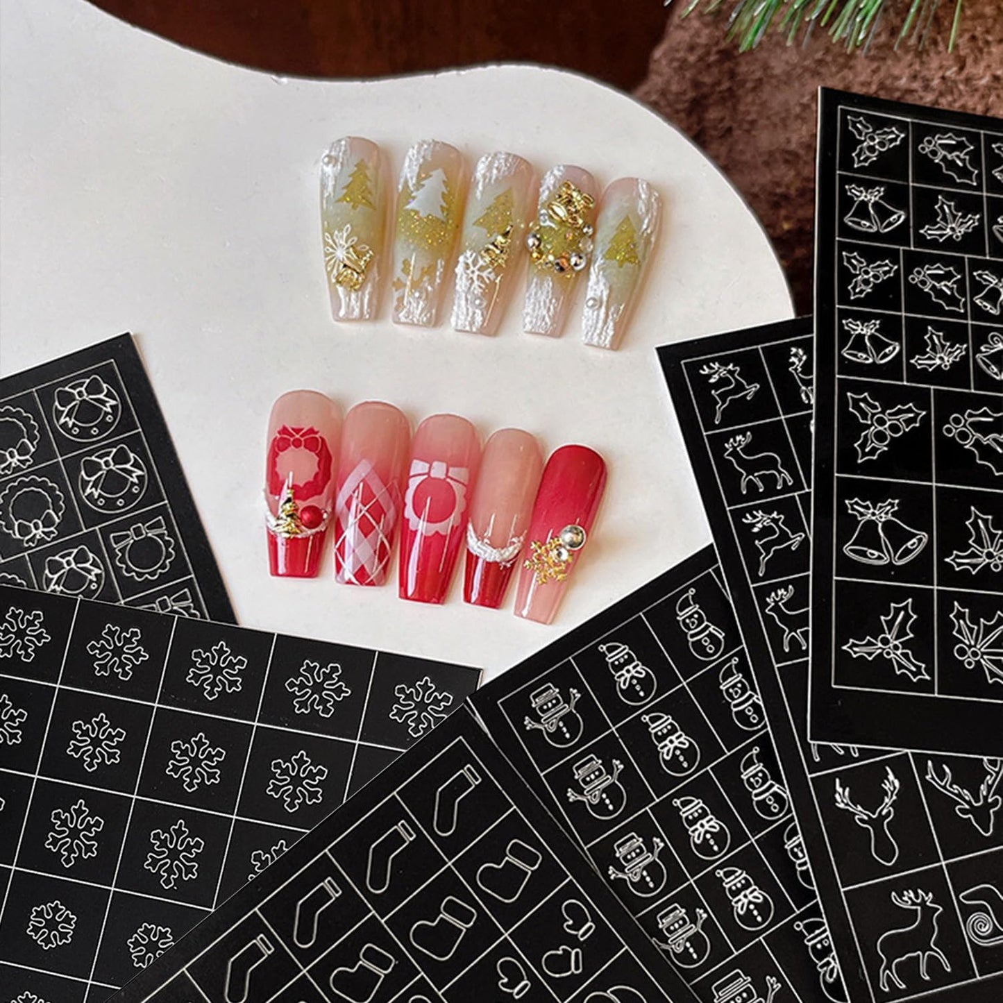 Christmas Nail Stickers Airbrush Stencils Stickers for Nail Art Self Adhesives with Snowman Snowflower Elk Bell Wreath Socks Designs Supplies Design Nail Guide for Manicure Nails Decoration 6 Sheets