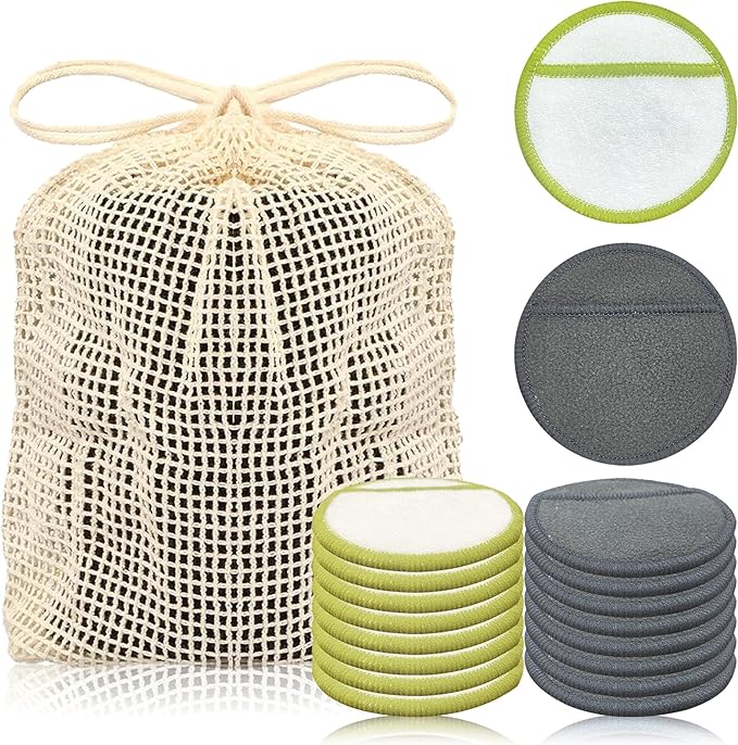 Chloven Reusable Cotton Rounds 16 Pack - Machine Washable Bamboo Charcoal Makeup Remover Pads for Face, Bamboo Terry Face Wipes Reusable Makeup Pads with Laundry Bag