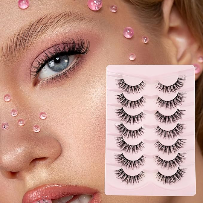 Cat Eye Lashes False Eyelashes Natural Look, Yasnai Wispy Fake Lashes Volume Lashes, Strips Lashes Natural Eyelashes Clear Band 6 Pairs Pack