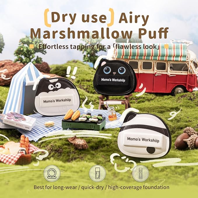 Black Cat Toto Airy Marshmallow Puff,Makeup Sponge,Rubycell Material,Pointed Tip for Concealer + Flat Side for Foundation, Longwear Makeup, Travel Friendly & Reusable,2pcs Puffs & Storage Case