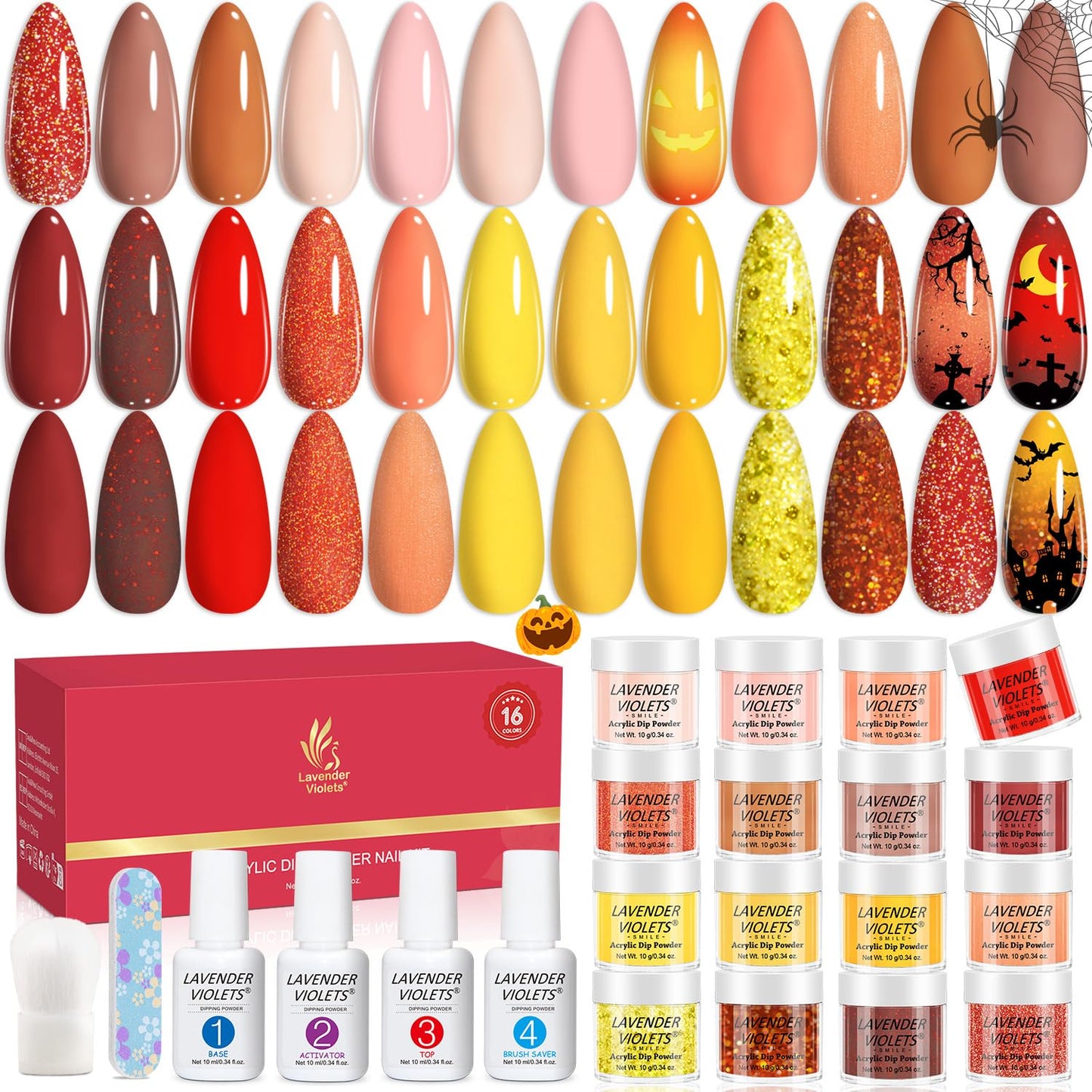 LAVENDER VIOLETS 22Pcs Dip Powder Nail Kit Starter - 16 Colors Halloween Glitter Powder Dipping Liquid Set with Base & Top Coat Activator for Dips Manicure M9601