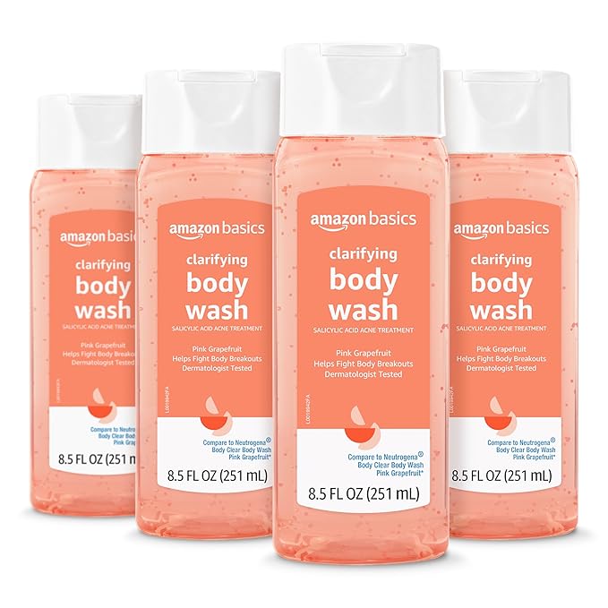 Amazon Basics Clarifying Pink Grapefruit Body Wash, 2% Salicylic Acid Acne Treatment, Dermatologist Tested, 8.5 Fl Oz (Pack of 4) (Previously Solimo)