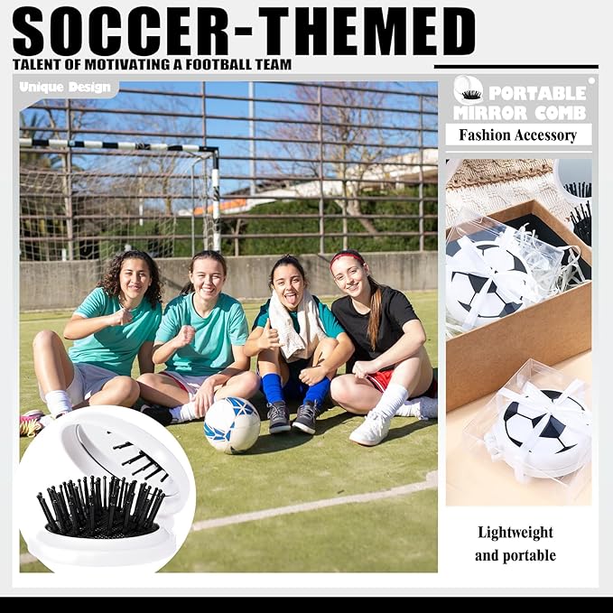 12 Set Soccer Party Favors Soccer Mini Detangler Mirror Brush With Ribbons, Mini Travel Hair Brush, No Tangle Soft Flexible Bristles for Teen Girls Soccer Team Gifts Sport Birthday Party favors