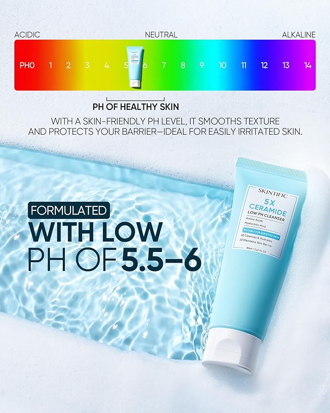 5X Ceramide Low pH Facial Cleanser, Gentle Hydrating Face Wash with Hyaluronic Acid, Daily Face Wash for Dry to Normal Skin, Sensitive Skin Tested, Not Tight, Fragrance Free