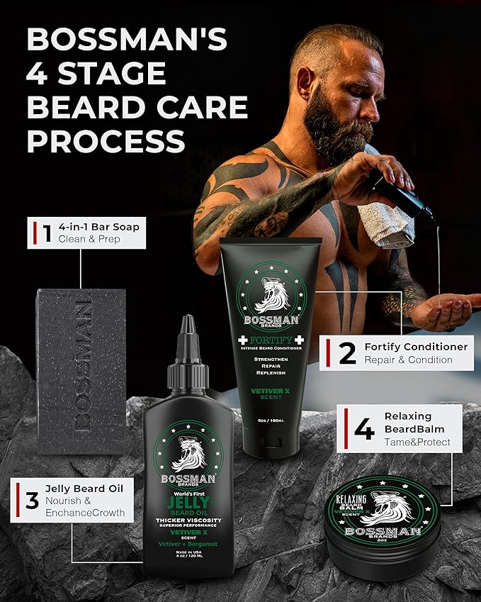 Bossman Fortify Intense Beard Conditioner for Men (Vetiver X Scent) – Moisturizes, Replenishes & Protects with Natural Ingredients – Thicker Formula, Made in USA