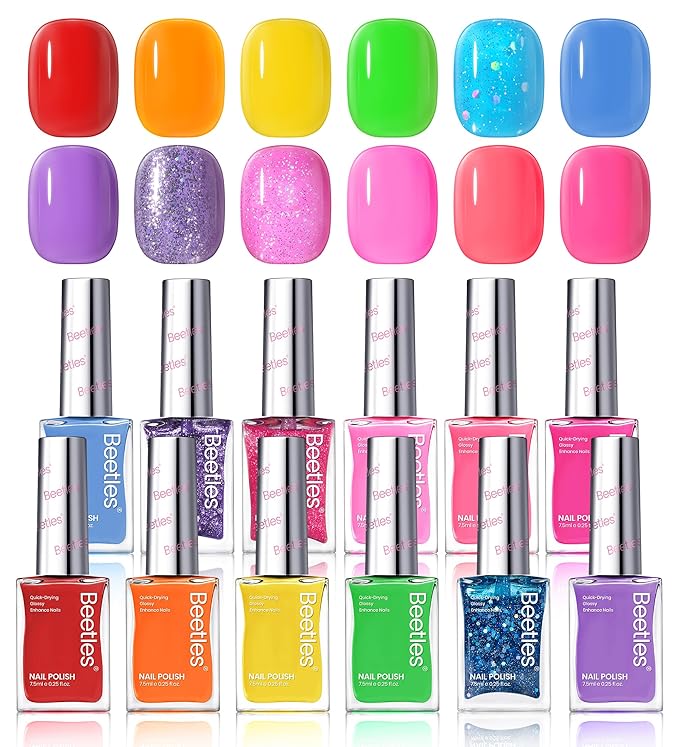 Beetles Nail Polish Set 12 Colors Neon Hot Pink Blue Purple Bright Nail Polish Glitter Nail Polish Kit Air Quick Dry Fingernail Polish Diy Nail Art Set Home