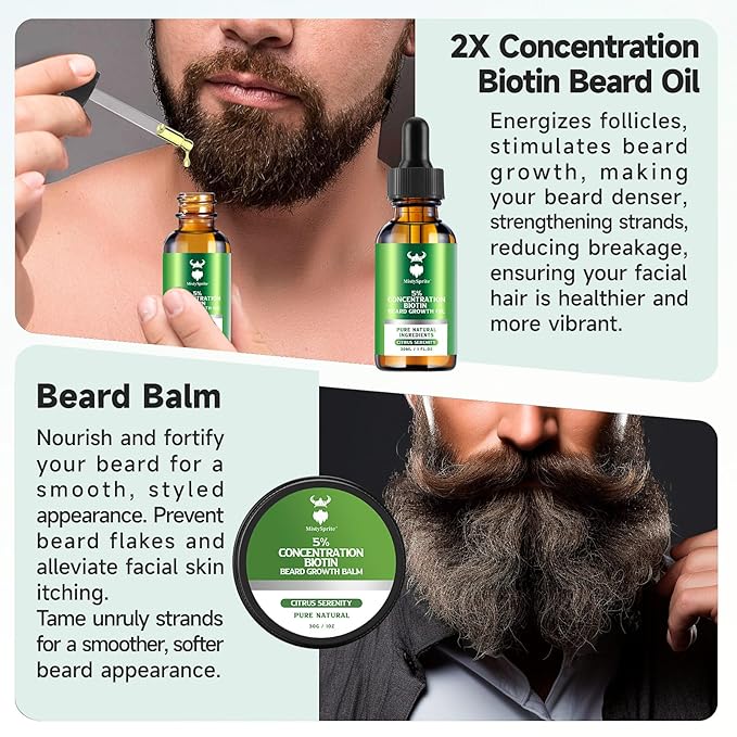 Beard Growth Oil & Beard Balm - Beard Growth Kit with 5% Concentration Biotin for Men, Natural Ingredients with Argan Oil, Jojoba Oil and Vitamin (Citrus Serenity)