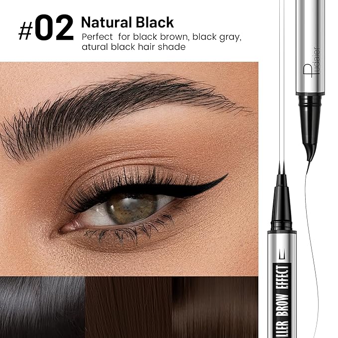 2 Pack 2 Fine Tip Eyebrow Pen, Waterproof Filling Faux Brow Makeup Pencils for Women with Precise Curved Brush-Tip to Fast Create Natural Hair-Like Brows, Last All-Day (Natural Black)