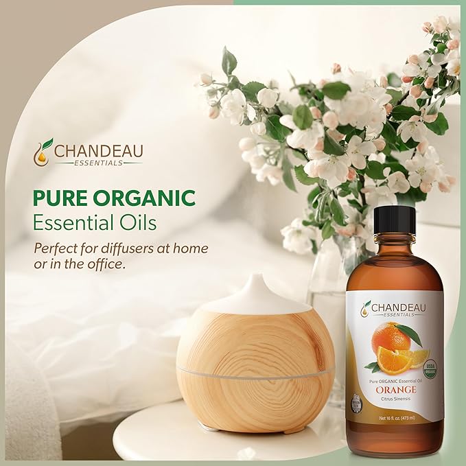 100% Pure Organic Essential Oil, Pure Orange Essential Oil for Aromatherapy, Soap Making, Candles, Laundry, Perfume, Cleaners or Diffusers - Large Amber Glass Bottle, 16 oz.
