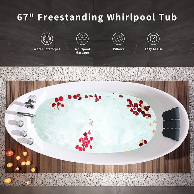 67 in. Acrylic Freestanding Bath Tub Hydromassage Gracefully Oval Shaped 7 Water Jets Soaking SPA, Single-Ended Massage Bathtubs with Pillow, White