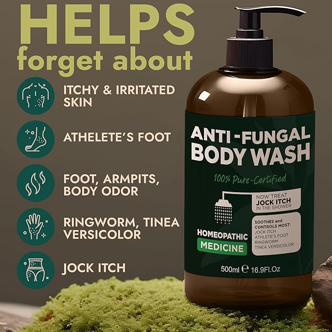 Antifungal Body Wash with Tea Tree Oil | Antibacterial Soap for Back Acne,Treats Ringworm, Eczema & Jock Itch | Antibacterial Body Soap For Men And Women | Includes Silicon Scrubber (16.9 oz)