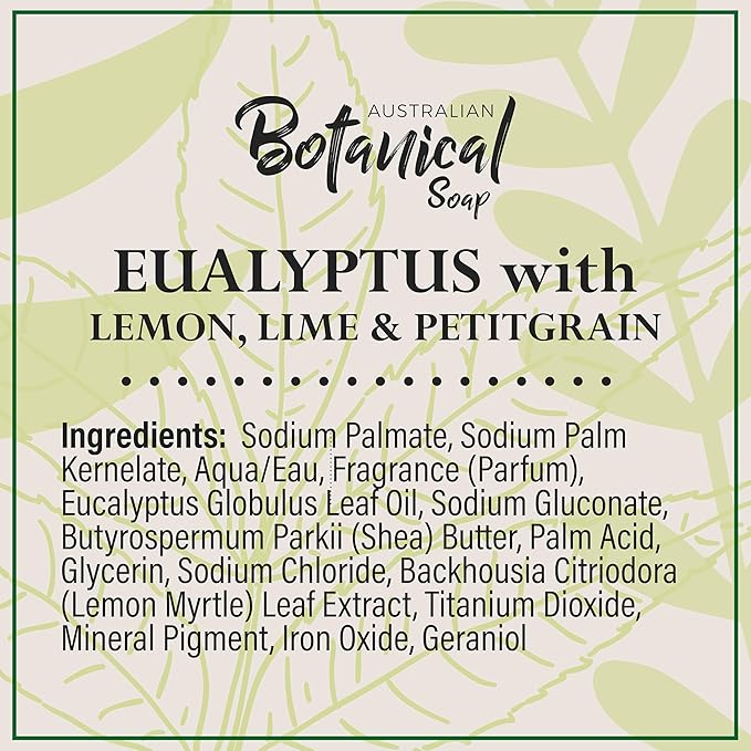 Australian Botanical Soap, 6.6 OZ, Eucalyptus, Lemon, Lime, and Petitgrain, Triple Milled Bars made with a Natural Soap Base and Enriched with Organic Shea Butter, Pack of 8