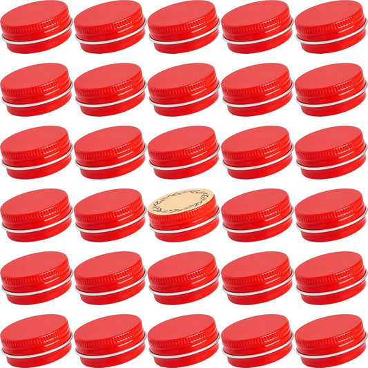 0.5 oz Screw Top Aluminum Tin Jar with Screw Lid and Blank Labels (Red - Pack of 32)