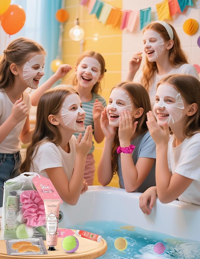 120PCS Spa Party Supplies for Girls, Include Facial Masks, Lip Mask, Under Eye Patches, Lip Balm, Foot Bath Bombs, Hand Cream, Compressed Towel, Hair Band, Sleepover Party Supplies for Girls