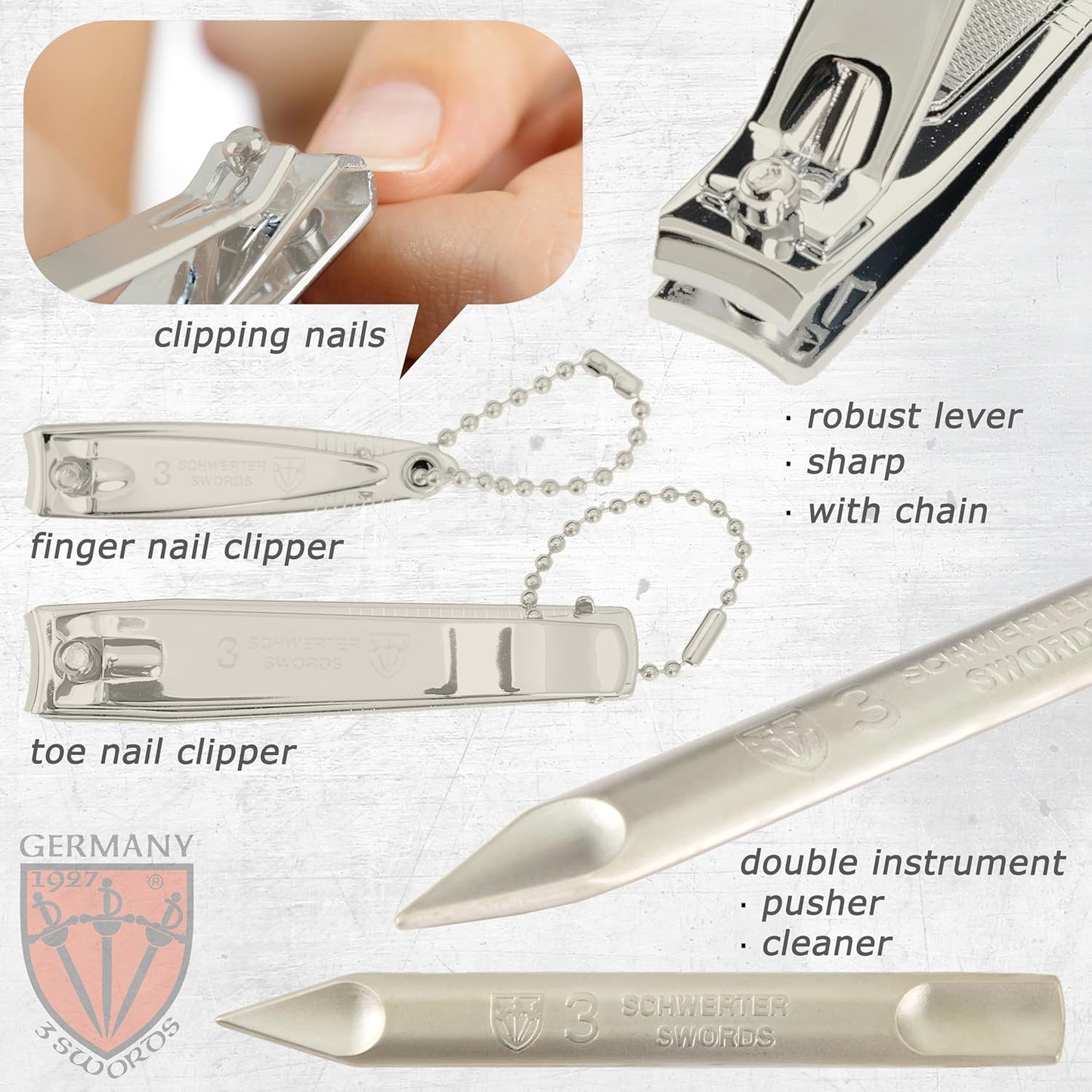 3 Swords Germany – brand quality 8 piece manicure pedicure grooming kit set for professional nail care with synthetic leather case ostrich cognac - Made in Germany