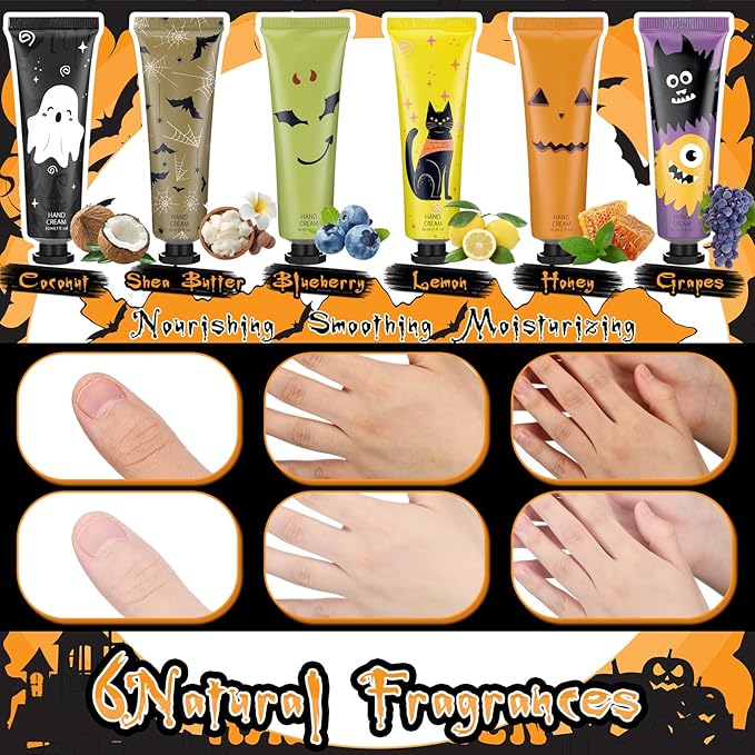 12 Pack Halloween Hand Cream Gift Sets for Women Ghost Mini Hand Lotion Bulk Travel Size Moisturizing Cream Halloween Party Favors Gifts for Stocking Stuffers 6 Natural Plant Fragrances