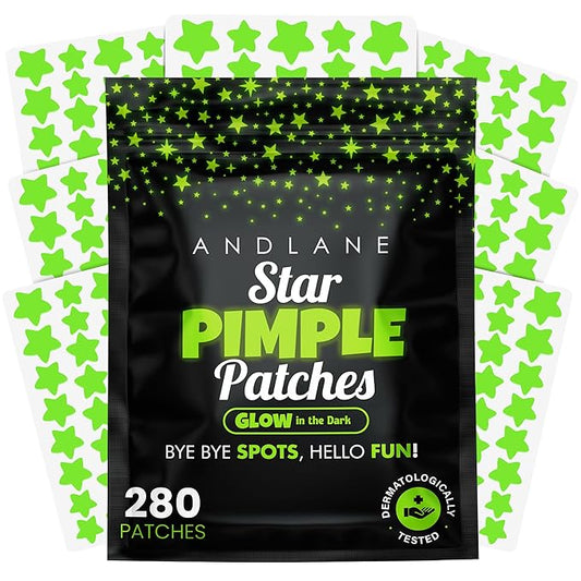 Andlane 280Pcs Star Pimple Patches for Face - Pimple Patches Cute Stars - Hydrocolloid, Salicylic Acid, Tea Tree Oil, Centella - Glow in the Dark, 3 Sizes Zit Stickers