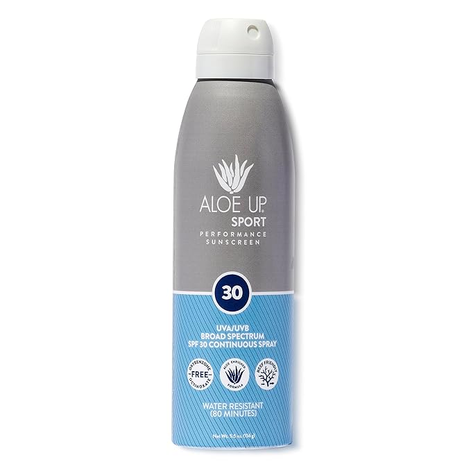 Aloe Up Sport Continuous Spray Sunscreen SPF 30 - Broad Spectrum UVA/UVB Sunscreen Protector for Face and Body - With Aloe Vera Gel - Fast Absorbing Sheer Formula - Reef Safe - Fragrance-Free - 6 Oz