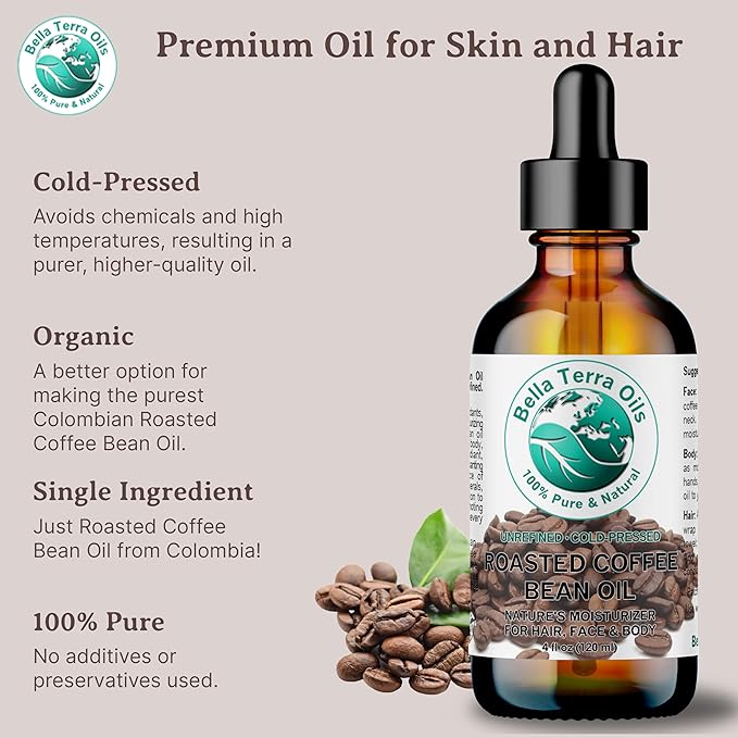 Bella Terra Oils - Roasted Coffee Bean Oil 8 oz - Celebrate the Pure Coffee Oils Essence, Packed with Vitamin E, Perfect for a Nourishing Skin Experience