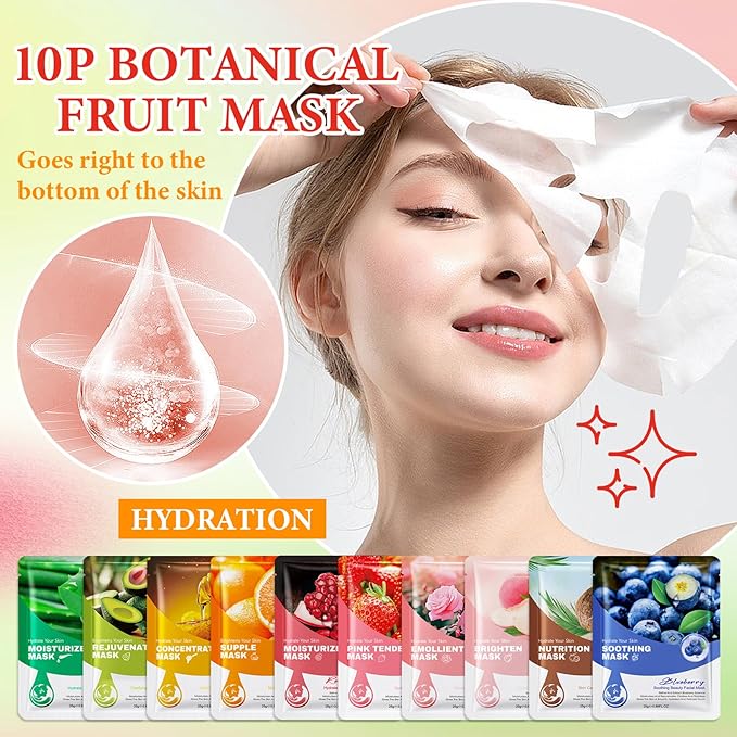 10 Pack Variety Facial Sheet Masks Skin Care Set, Hydrating Bulk Sheet Face Masks Skincare Gifts Set for Women Men, Long Lasting Moisturizing Face Mask Skincare for All Skin Type（C)
