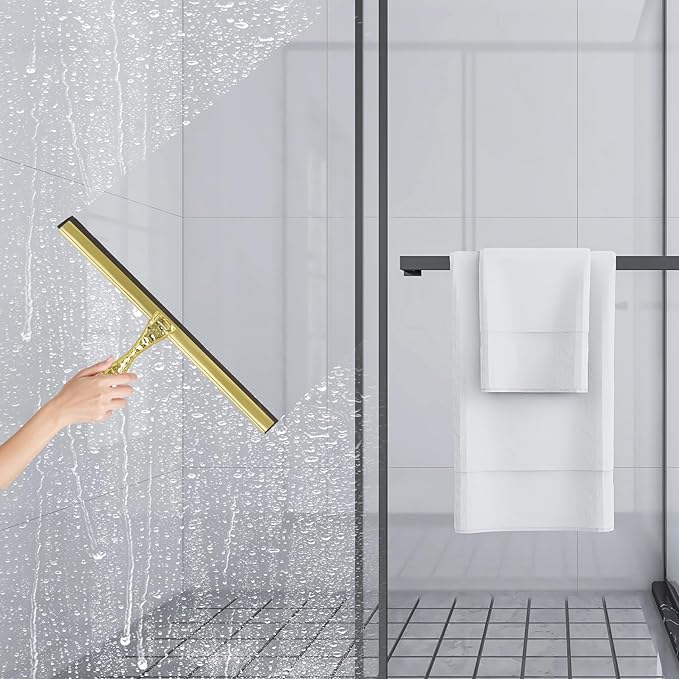 All-Purpose Silicone Shower Squeegee for Shower Glass Door,with 1 Hooks,for Bathroom Glass, Car, Tile Wall, Mirror Cleaning - Flower Shaped Handle for Easy-Grip 10 Inch Golden