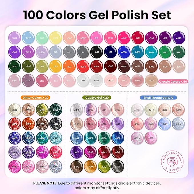 Beetles Nail Nook Gel Nail Polish Set - 119 PCS 100 Colors Gel Polish Kit Base Glossy Matte Glitter Top Coat Neon Glitter Pearl Cat Eye White Red Pink Nude Nails Gift for Women