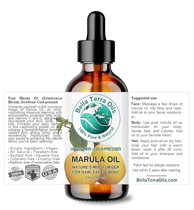 Bella Terra Oils - Marula Facial Oil 2 oz - Rich in Vitamin E & Omega Fatty Acids, Luxurious Oil for Radiant Skin, Cold-Pressed Essence