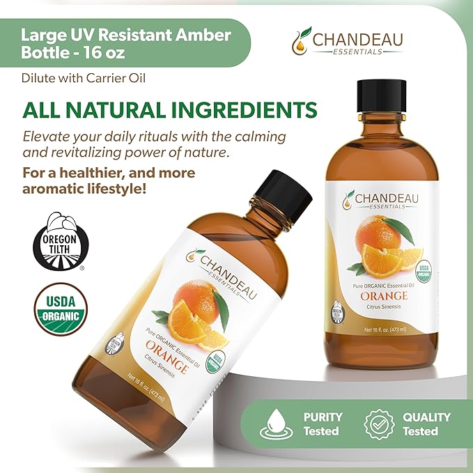 100% Pure Organic Essential Oil, Pure Orange Essential Oil for Aromatherapy, Soap Making, Candles, Laundry, Perfume, Cleaners or Diffusers - Large Amber Glass Bottle, 16 oz.