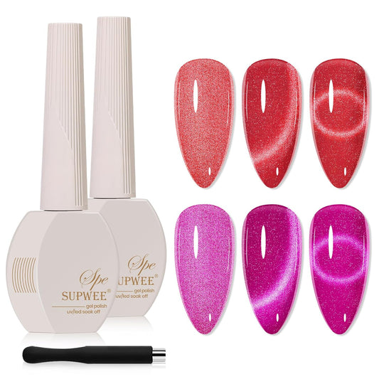 2PCS 15ML Cat Magnetic Eye Gel Nail Polish, Red Hot Pink Cateye Gel Nail Polish Holographic Glitter Shimmer Effect with Magnetic Stick Soak Off Salon DIY at Home