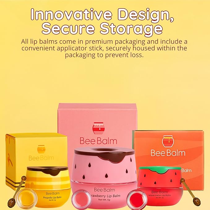 3 Pcs Original My Bee Balm Lip Balm – Hydrating Lip Care with Watermelon, Strawberry & Honey Pot – Moisturizing Balm for Dry, Chapped & Cracked Lips with Propolis, Honey & Vitamin E