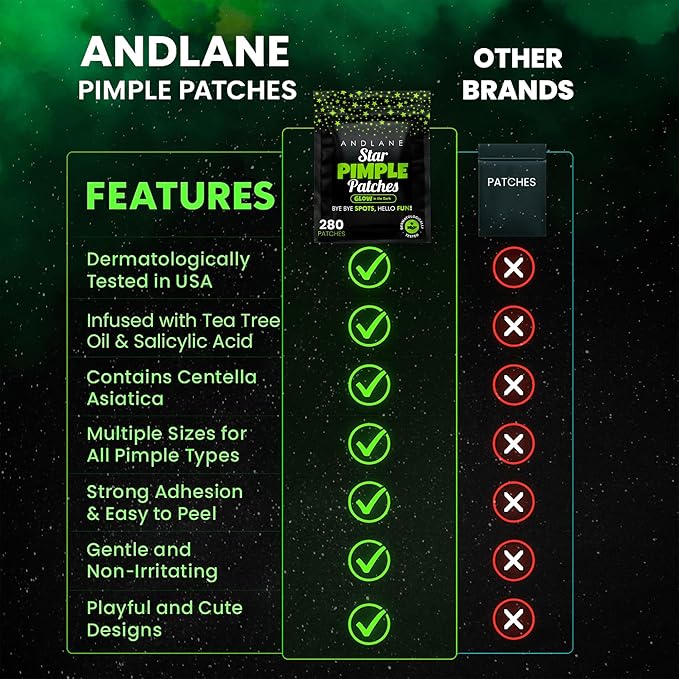 Andlane 280Pcs Star Pimple Patches for Face - Pimple Patches Cute Stars - Hydrocolloid, Salicylic Acid, Tea Tree Oil, Centella - Glow in the Dark, 3 Sizes Zit Stickers