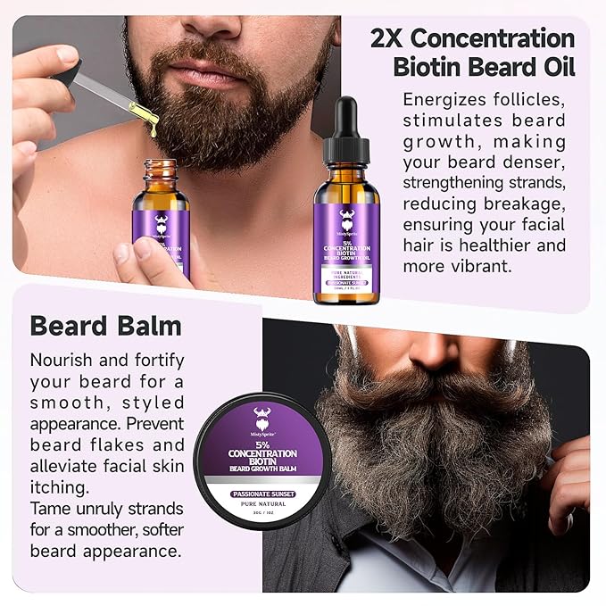 Beard Growth Kit - 5% Concentration Biotin Beard Oil for Men (2 oz) - Natural Mens Beard Oil with Argan Oil, Jojoba Oil and Vitamin, Beard Growth Softener, Moisturizer (Passionate Sunset)