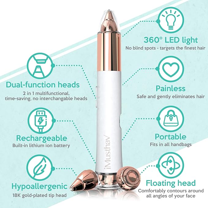 2 in 1 Eyebrow and Facial Hair Remover for Women Painless Flawless Electric Razor Epilator Trimmer Shaver with 18K Gold-Plated, USB Rechargeable, 360° LED for Eyebrow and Face Hair Removal