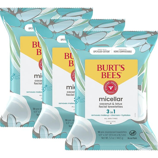Burt's Bees Back To School Dorm Essentials, Coconut & Lotus Face Wipes, for All Skin Types, Micellar Makeup Remover & Facial Cleansing Towelettes, 30 Ct. (3-Pack)