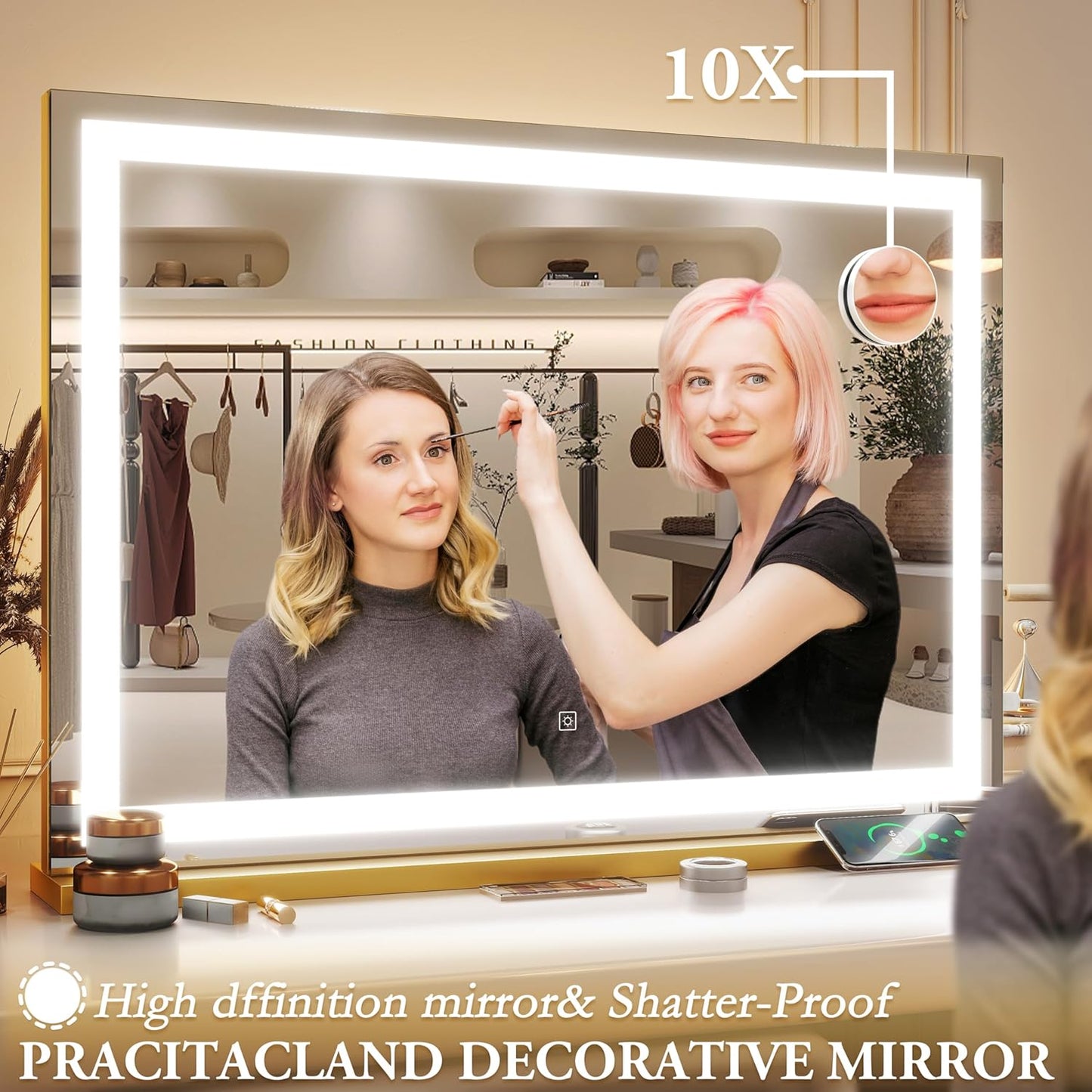 Vanity Mirror with Lights, 32" x 22" Large Lighted Vanity Mirror with Dimmable 3 Modes, LED Makeup Mirror, 10X Magnification, USB Charging Port, Tabletop or Wall-Mounted Square Gold