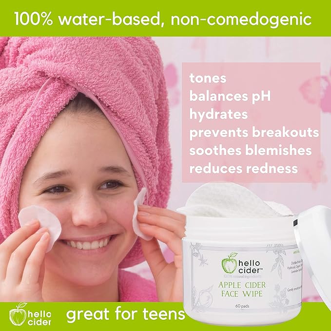 Apple Cider Vinegar Acne Face Toner Pads - Organic Tea Tree, Witch Hazel, Rose, Lavender. Cleanse, Tone, Hydrate, Calm & Sooth. 60 pads. USA by Hello Cider