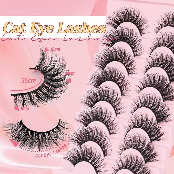 Ahrikiss Lashes Fluffy False Eyelashes Natural Look Cat Eye Lashes 8 Pairs Faux Mink Lashes Wispy Eyelashes Soft Fake Lashes Lightweight Strip Lashes (Fancy Only)