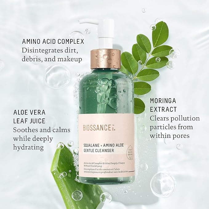 BIOSSANCE Squalane + Amino Aloe Gentle Face Wash – Foaming Facial Cleanser Gel – Hydrating for All Skin Types – Removes Makeup & Deeply Cleans Pores with Moringa Extract – Soothes with Aloe Vera