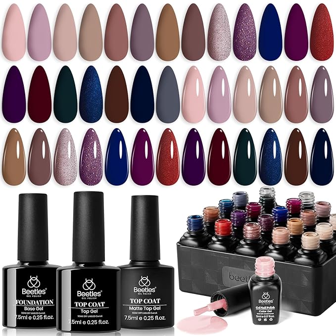 Beetles Brown Gel Nail Polish Set - 20 Colors Burgundy Red Brown Gold Champagne Glitter Fall Gel Polish Soak Off UV Glossy & Matte Top Base Coat Manhattan Collection Gifts for Women