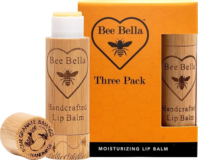 Bee Bella Lip Balm, Pomegranate Mango, 3 Pack - Moisturizing Lip Care, 100% Natural, Original Organic Beeswax with Vitamin E, Handmade in USA