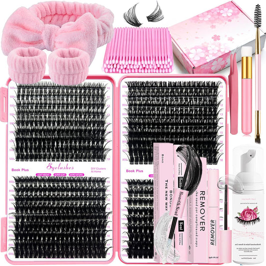 DIY Lash Extension Kit 684Pcs 10-18mm D Curl Lashes Clusters with Lash Bond and Seal Glue Remover Lash Shampoo Cleansing Brush Headband Wristband Tweezers Eyelash Brush Applicator