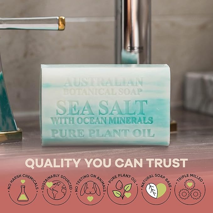 Australian Botanical Soap, 6.6 OZ, Sea Salt and Ocean Minerals, Triple Milled Bars made with a Natural Soap Base and Enriched with Organic Shea Butter, Pack of 8