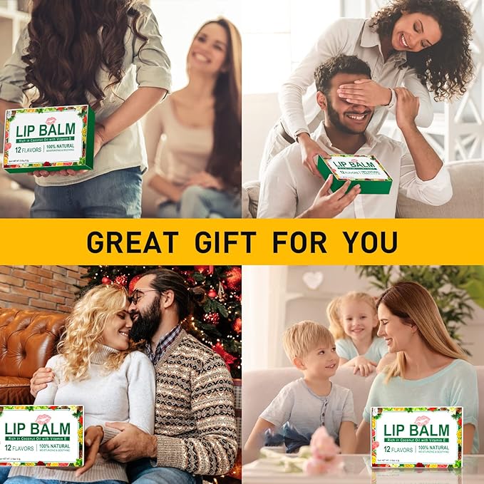 DMSKY 12 Pack Lip Balm, Natural Lip Balm Bulk with Vitamin E and Coconut Oil, Moisturizing Lip Balm for Dry Cracked Lips, Lip Balm for Stocking Stuffers - 12 Flavors