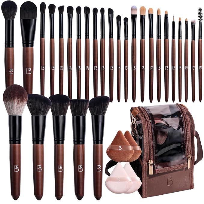 BS-MALL Professional Makeup Brush Set 28 Pcs With Travel Makeup Bag,Concealer Brush, Foundation Brush, Blush Brush, 4 Pcs Triangle Puff & makeup sponges for Flawless beauty on the Go