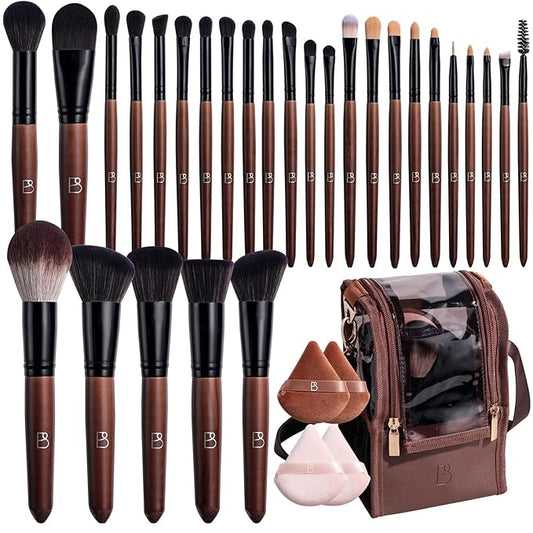 BS-MALL Professional Makeup Brush Set 28 Pcs With Travel Makeup Bag,Concealer Brush, Foundation Brush, Blush Brush, 4 Pcs Triangle Puff & makeup sponges for Flawless beauty on the Go